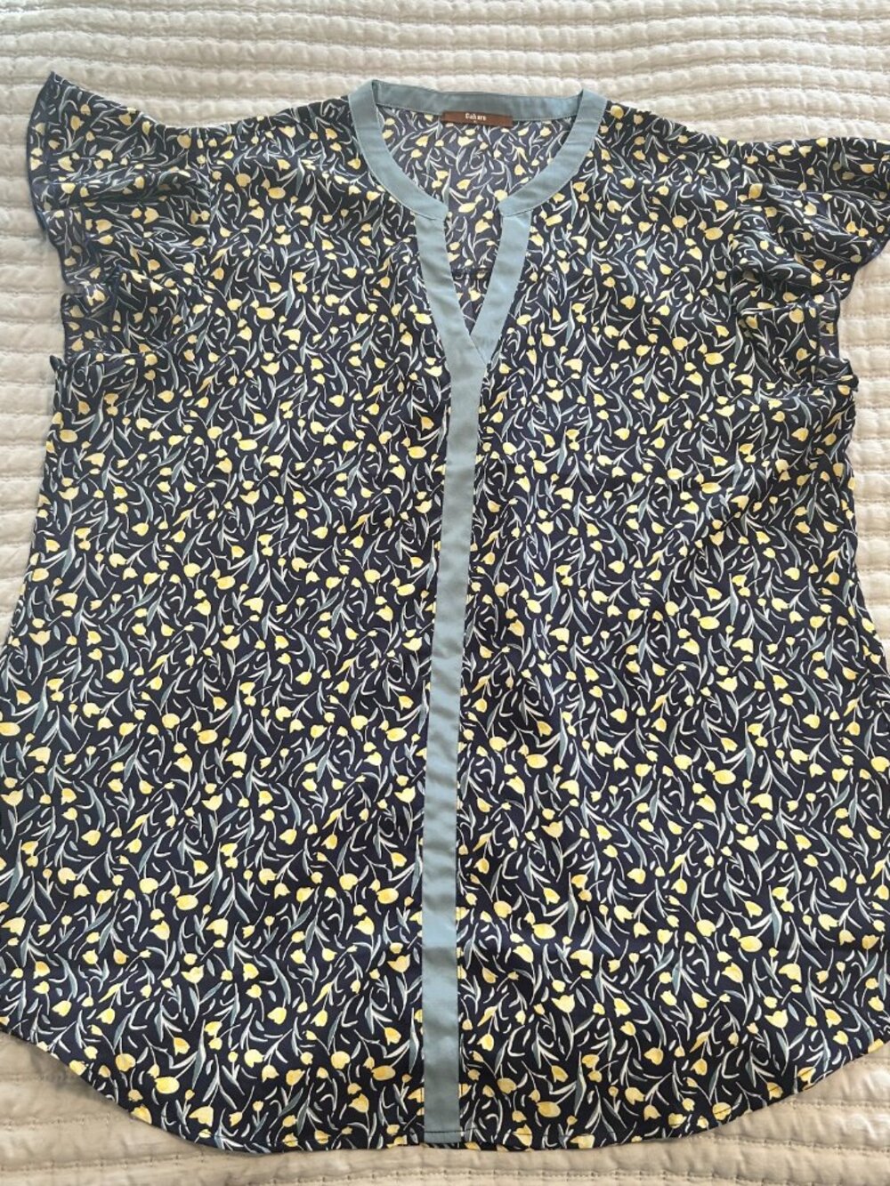 Gaharu Notch V Neck Chiffon Blouse Flutter Sleeve Navy Yellow Floral Top XL